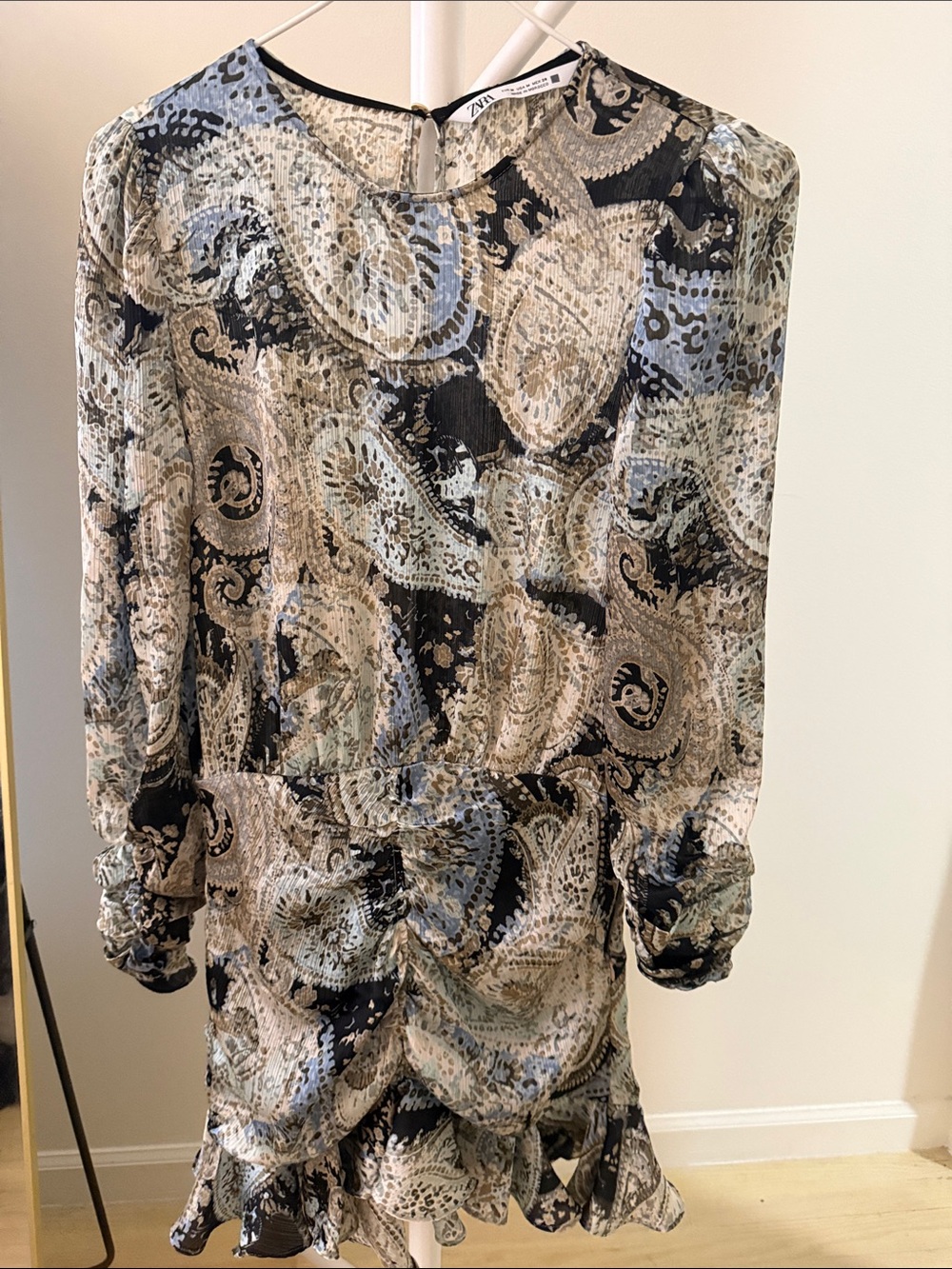 Zara Black, Beige & Light Blue Paisley Long-Sleeve Mini Dress